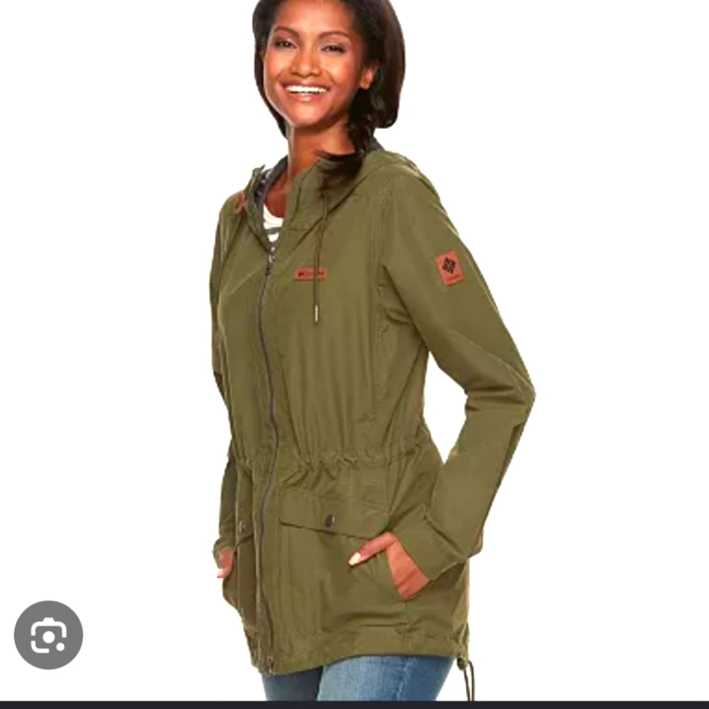 Columbia womans small dark army green lightweight hooded military style jacket.
